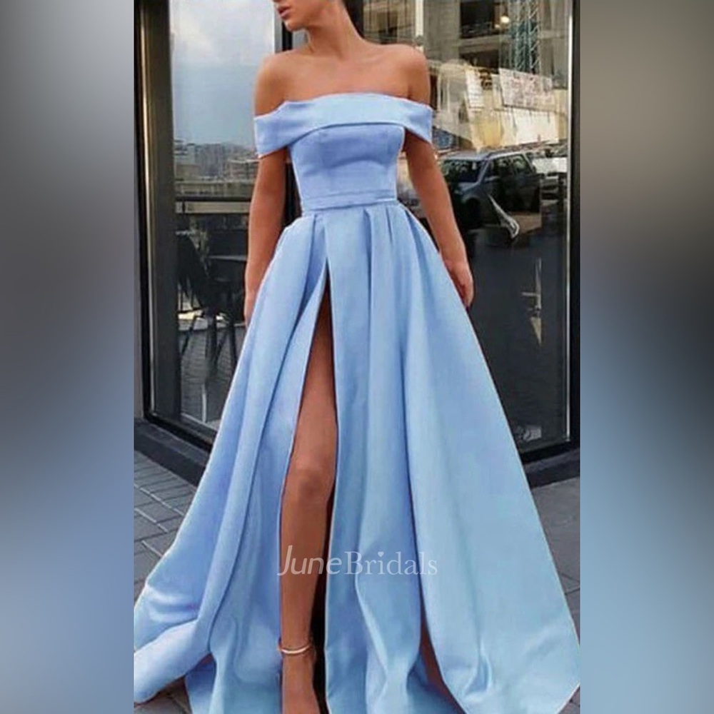 JuneBridals A- Line Satin Off- the- Shoulder Sleeveless Steel Blue Formal Dress